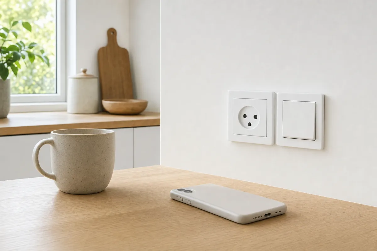 Køkkenbord med en kop og en telefon foran en hvid væg med en dansk stikkontakt og en afbryder
